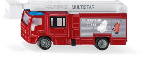 SIKU 1749, Magirus Multistar TLF mit Teleskopmast Feuerwehrauto, 1:87, Metall/Kunststoff, Rot/Weiß, Ausziehbare Leiter