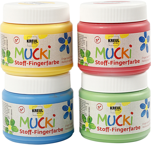 Muck Vingerverf Blauw/Groen/Rood/Geel, 4x150ml